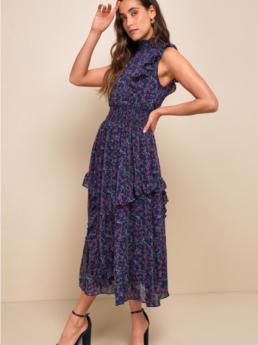 Lulus Evalina Navy Blue Floral Print Mock Neck Midi Dress - Picture 5 of 6